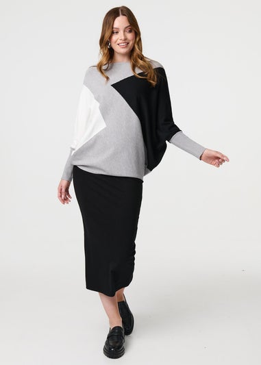 Izabel London Grey Colour Block Oversized Batwing Jumper