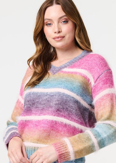 Izabel London Pink Striped V-Neck Relaxed Knit Jumper