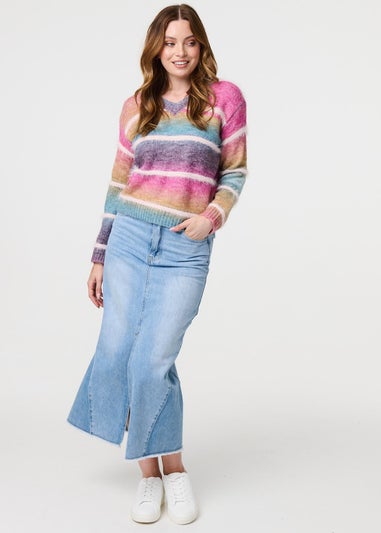 Izabel London Pink Striped V-Neck Relaxed Knit Jumper