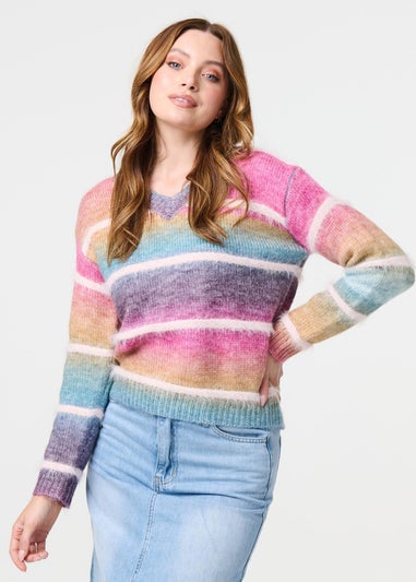 Izabel London Pink Striped V-Neck Relaxed Knit Jumper