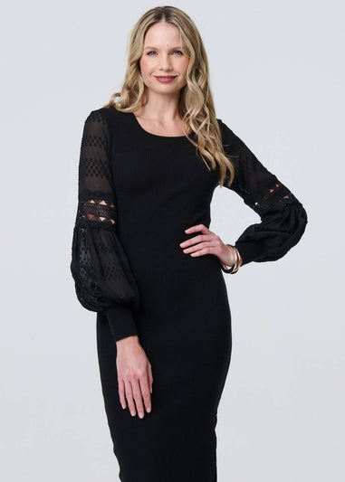 Izabel London Black Long Sheer Sleeve Bodycon Knit Dress