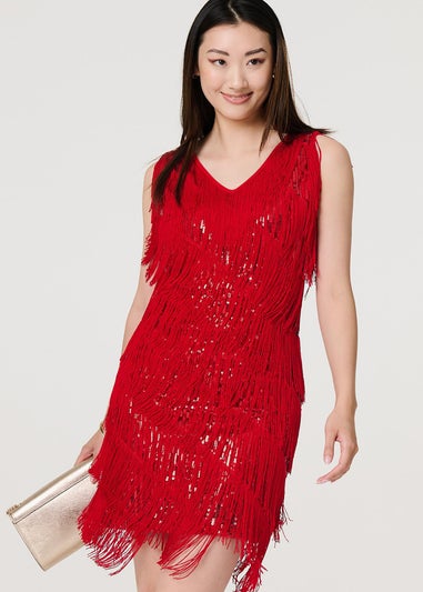 Izabel London Red Sequin Tassel Fringed Mini Dress