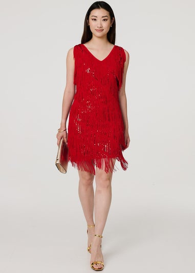 Izabel London Red Sequin Tassel Fringed Mini Dress