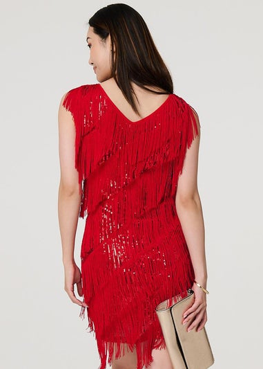 Izabel London Red Sequin Tassel Fringed Mini Dress