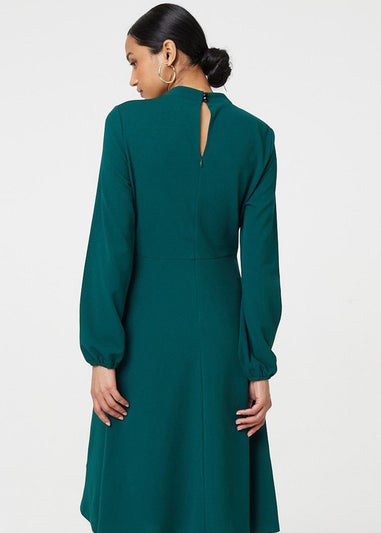 Izabel London Green High Neck Long Sleeve A-Line Midi Dress