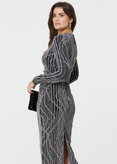 Izabel London Silver Abstract Print Long Sleeve Ruched Midi Dress