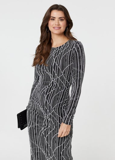 Izabel London Silver Abstract Print Long Sleeve Ruched Midi Dress