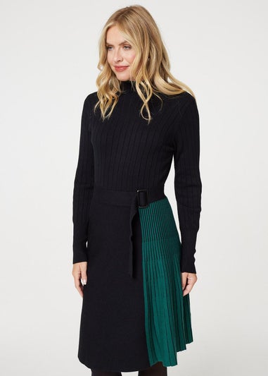 Izabel London Black Colour Block High Neck Pleated Knit Dress