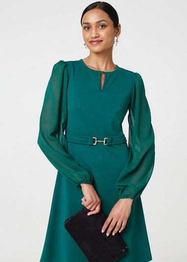 Izabel London Green Long Sleeve Skater Dress with Belt