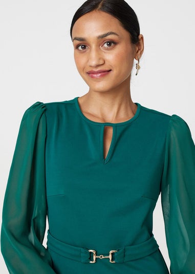 Izabel London Green Long Sleeve Skater Dress with Belt