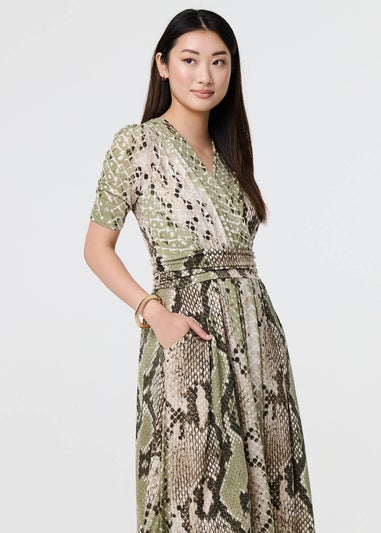 Izabel London Green Snake Print  Jersey Midi Dress