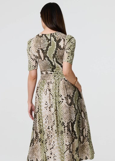 Izabel London Green Snake Print  Jersey Midi Dress