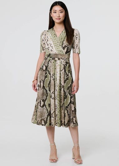 Izabel London Green Snake Print  Jersey Midi Dress