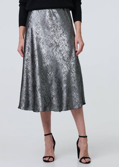 Izabel London Silver Metallic A-Line Midi Slip Skirt