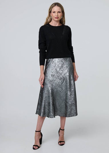 Izabel London Silver Metallic A-Line Midi Slip Skirt