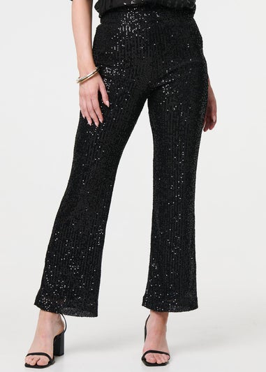 Izabel London Black High Waist Flared Sequin Trousers