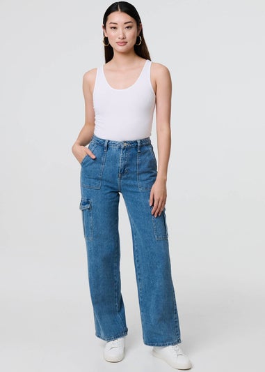 Izabel London Blue High Waist Denim Cargo Jeans