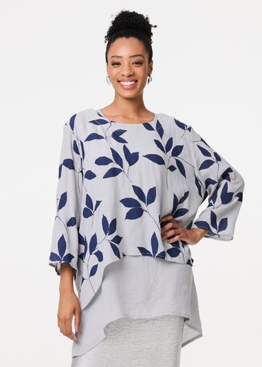 Izabel London Blue Leaf Print Longline Layered Tunic Blouse