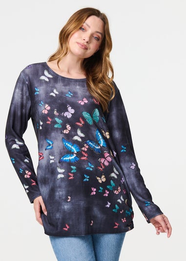 Izabel London Grey Butterfly Print Oversized Longline Top