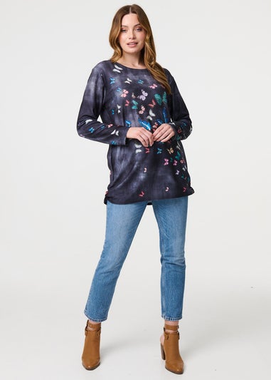 Izabel London Grey Butterfly Print Oversized Longline Top