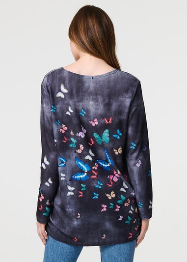 Izabel London Grey Butterfly Print Oversized Longline Top