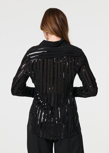 Izabel London Black Sequin Striped Sheer Long Sleeve Shirt