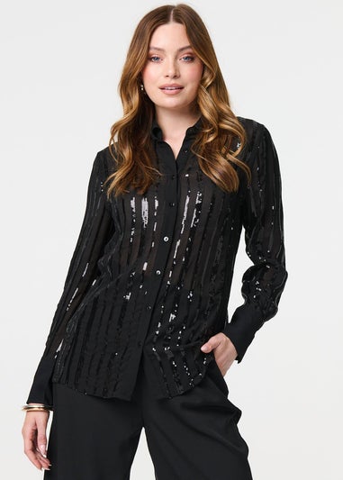 Izabel London Black Sequin Striped Sheer Long Sleeve Shirt