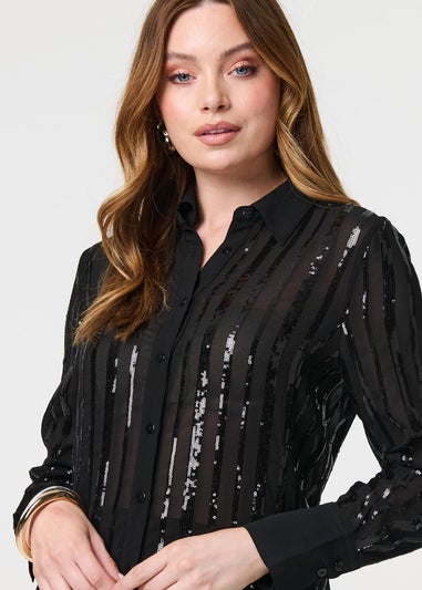 Izabel London Black Sequin Striped Sheer Long Sleeve Shirt