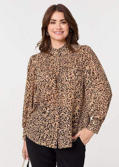 Izabel London Beige Animal Print High Neck Loose Fit Blouse