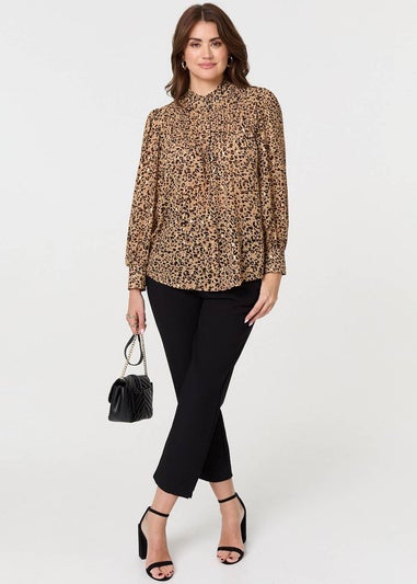 Izabel London Beige Animal Print High Neck Loose Fit Blouse