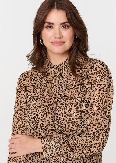 Izabel London Beige Animal Print High Neck Loose Fit Blouse