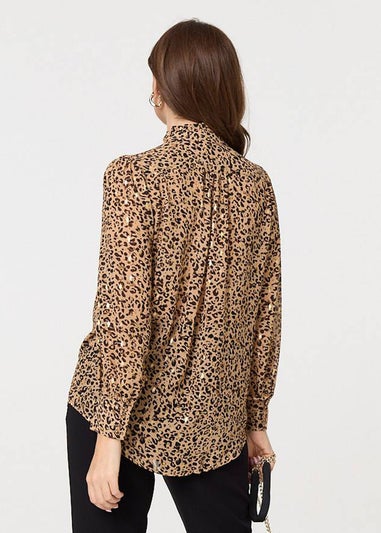 Izabel London Beige Animal Print High Neck Loose Fit Blouse