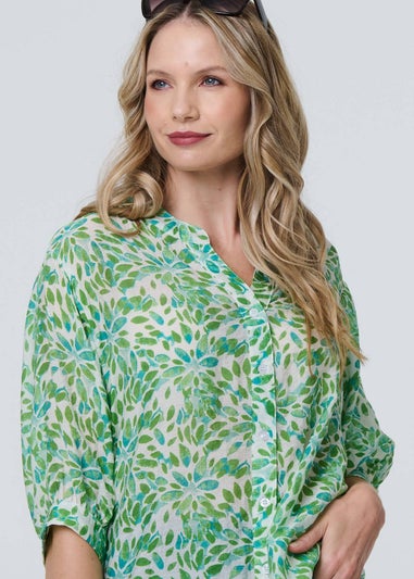 Izabel London Green Printed Turn-Up Sleeve Collarless Blouse