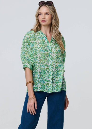 Izabel London Green Printed Turn-Up Sleeve Collarless Blouse