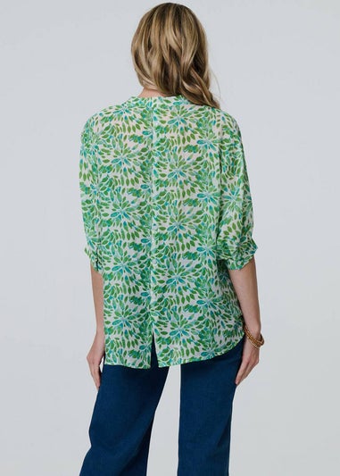 Izabel London Green Printed Turn-Up Sleeve Collarless Blouse