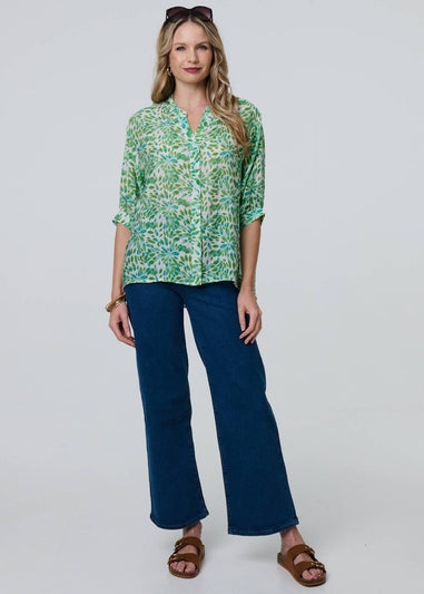 Izabel London Green Printed Turn-Up Sleeve Collarless Blouse