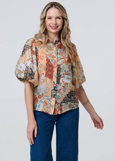 Izabel London Orange Patchwork Print Puff Sleeve Shirt