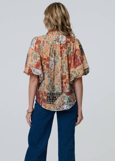 Izabel London Orange Patchwork Print Puff Sleeve Shirt