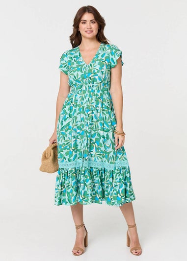 Izabel London Green Leaf Print Lace Trim Midi Dress