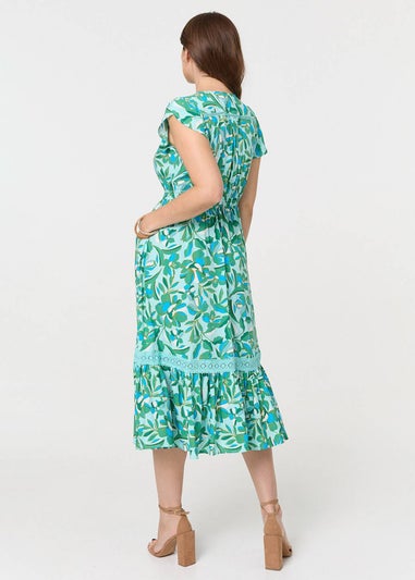 Izabel London Green Leaf Print Lace Trim Midi Dress