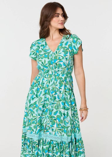 Izabel London Green Leaf Print Lace Trim Midi Dress