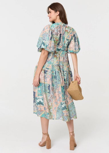 Izabel London Green Patchwork Print Puff Sleeve Midi Dress