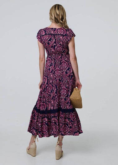 Izabel London Blue Paisley Cap Sleeve Lace Trim Maxi Dress