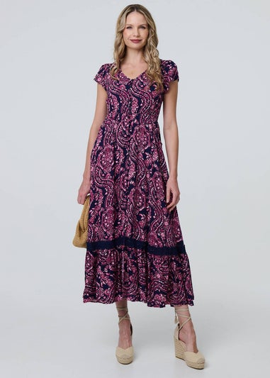 Izabel London Blue Paisley Cap Sleeve Lace Trim Maxi Dress