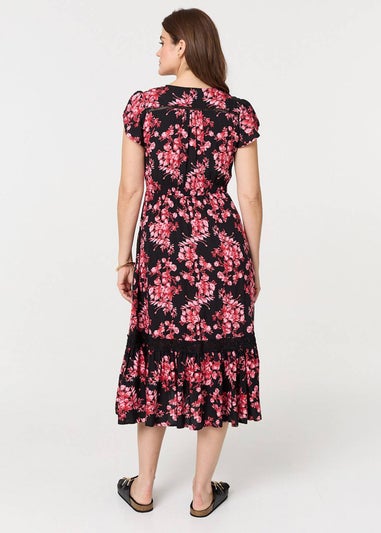 Izabel London Black Floral Lace Trim V-Neck Shirred Midi Dress