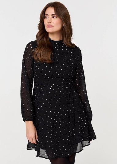 Izabel London Black Polka Dot Sheer Layer Mini Skater Dress