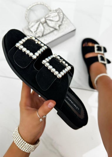 Love Lemonade Black Crystal Boho Suede Double Buckle Sliders