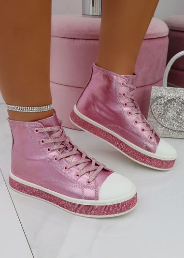 Love Lemonade Pink Crystal Canvas High Top Trainers