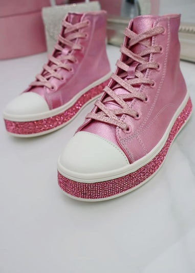 Love Lemonade Pink Crystal Canvas High Top Trainers