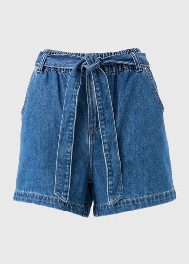 Blue Mid Wash Belted Shorts